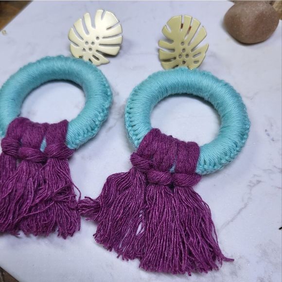 Handmade tassel hoops earrings macrame stainless steel new - Picture 7 of 9